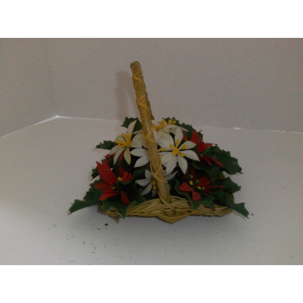 Vintage 1960s Poinsettias Arrangement in Wicker Basket Plastic 8 inch